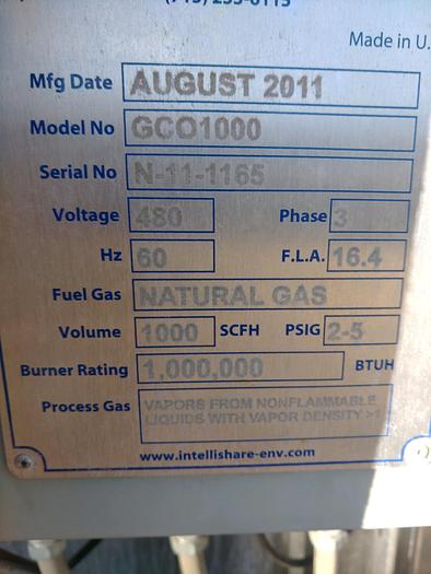 Used Intellishare Environmental 1000 CFM Chlorinated Catalytic Oxidizer, Model GCO1000