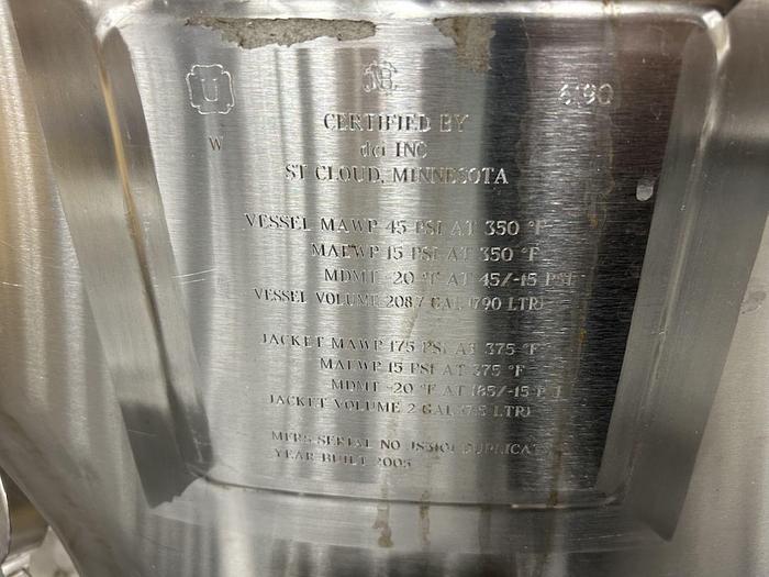 Used Reactor, 209 Gallon (790 Liter), 316L Stainless Steel, Jacketed, DCI, 45 PSI - #4755676