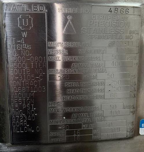 Used Reactor, 925 Gallon (3,500 Liter), Stainless Steel, Precision Stainless, Jacketed, 50 PSI Internal - #4490028