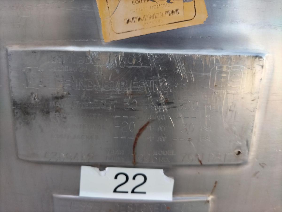 Used Tank, 198 Gallon (750-Liter), 316 Stainless Steel, 30 PSI, FV, Lee Industries, #5991484