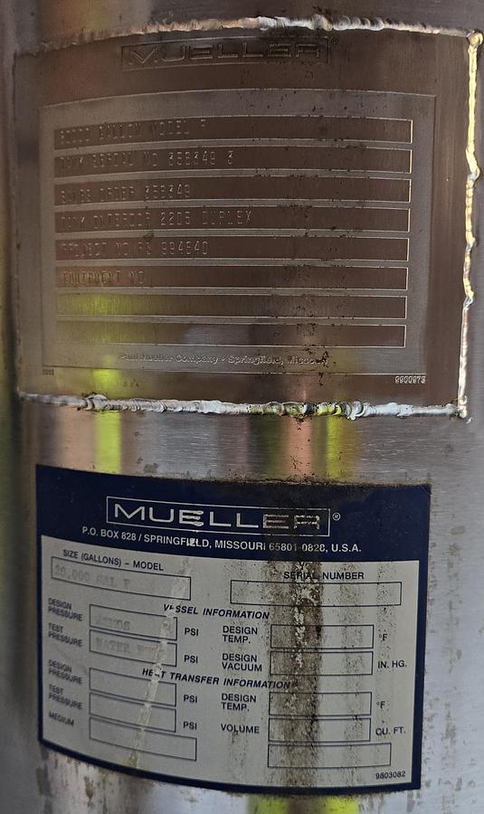 Used Tank, 20,000 Gallon, Duplex 2205 Stainless Steel, Insulated, Mueller, #5991692