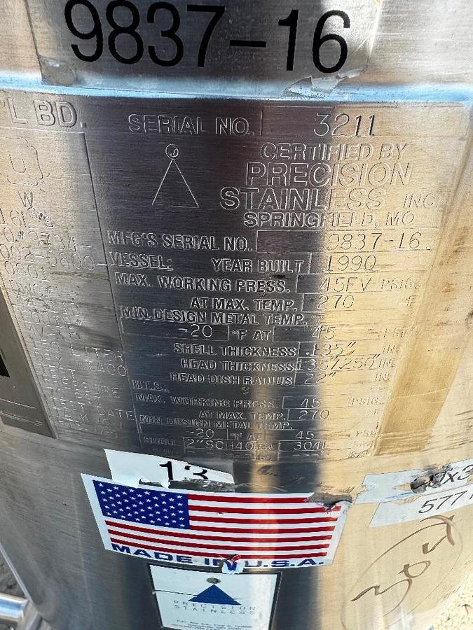 Used Tank, 39 Gallon (150 Liter), 316 Stainless Steel, Jacketed, Agitated, 45 PSI, Precision Stainless, #5991487