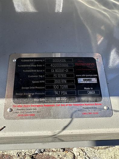 Unused Pump, Liquid Ring, 3 HP, Flowserve, Model LPHR 25007, Unused #S745346