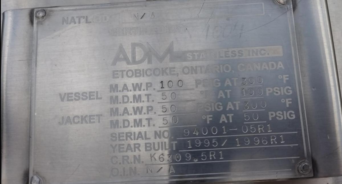 Used Tank, 250 Gallon, Jacketed, 80 PSI, Stainless Steel, ADM Stainless, #5991477