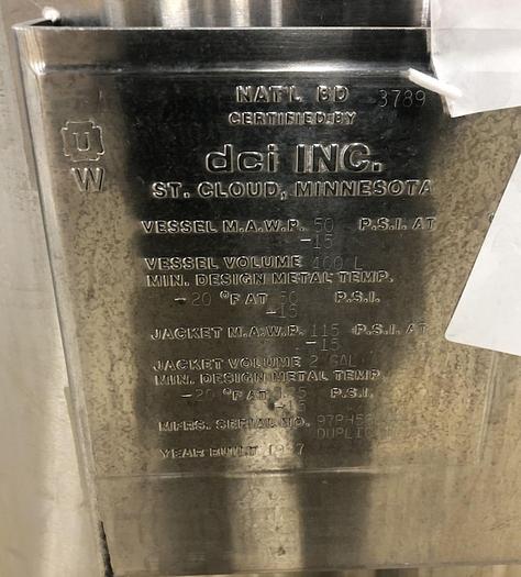 Used Reactor, 106 Gallon (400 Liter), Stainless Steel, Jacketed, 50 PSI Internal - #S745276