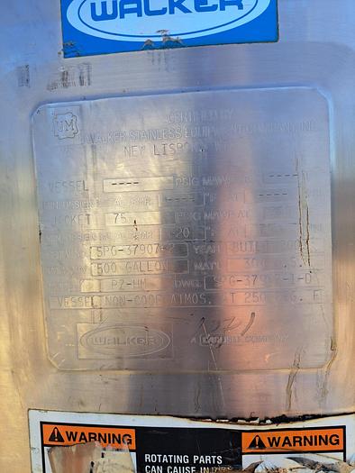 Used Tank, 500 Gallon, Mix Tank, Jacketed, Walker, 304 Stainless #S745318