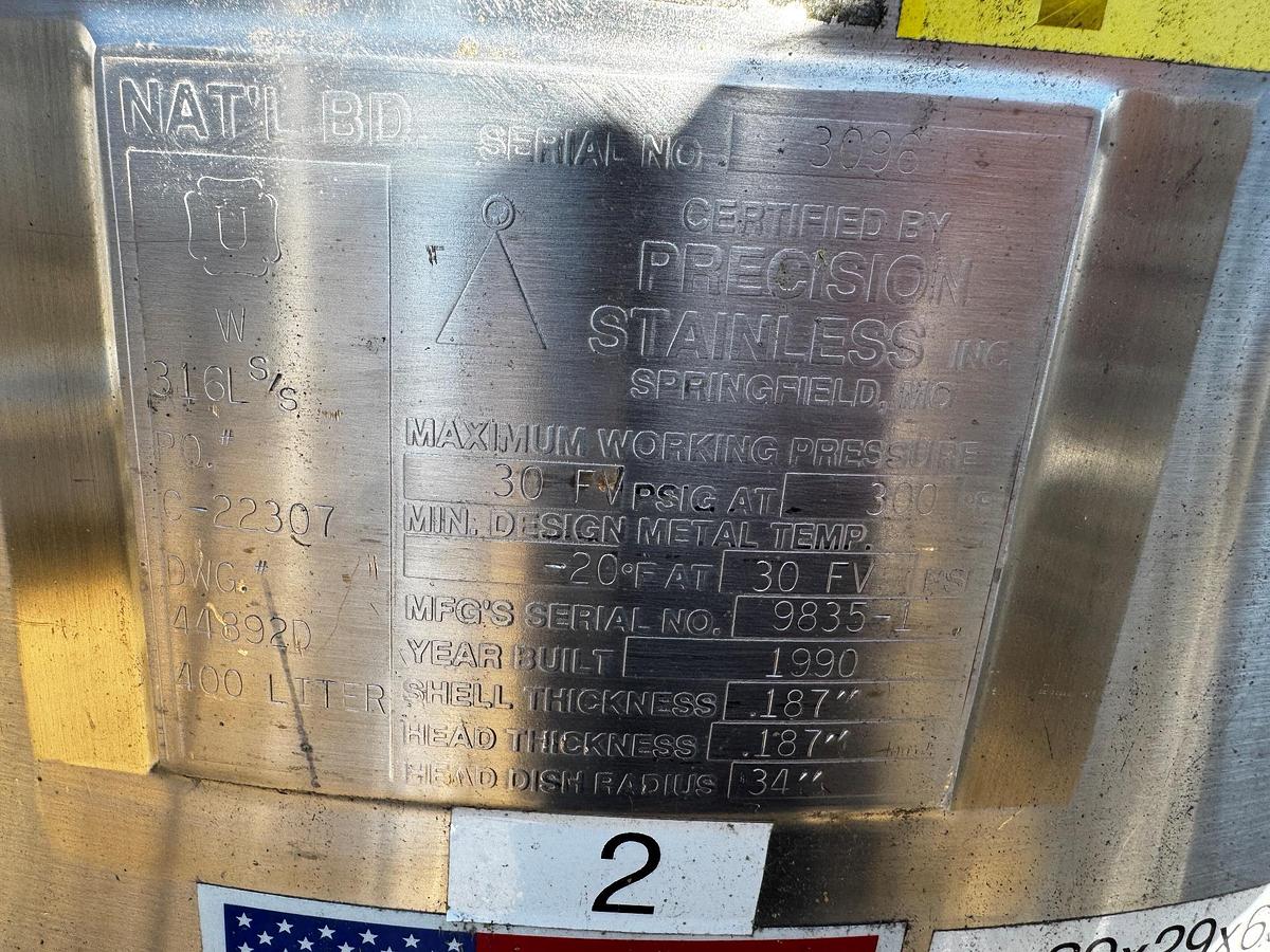 Used Tank, 106 Gallon (400 Liter), Precision Stainless, Agitated, 316L Stainless, 30 PSI, FV, #5991466
