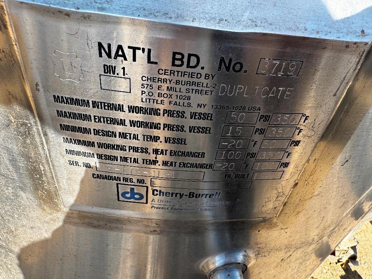 Used Tank, 100 Gallon, 316L Stainless Steel, Jacketed, Agitated, 50 PSI, Cherry Burrell, #5991474