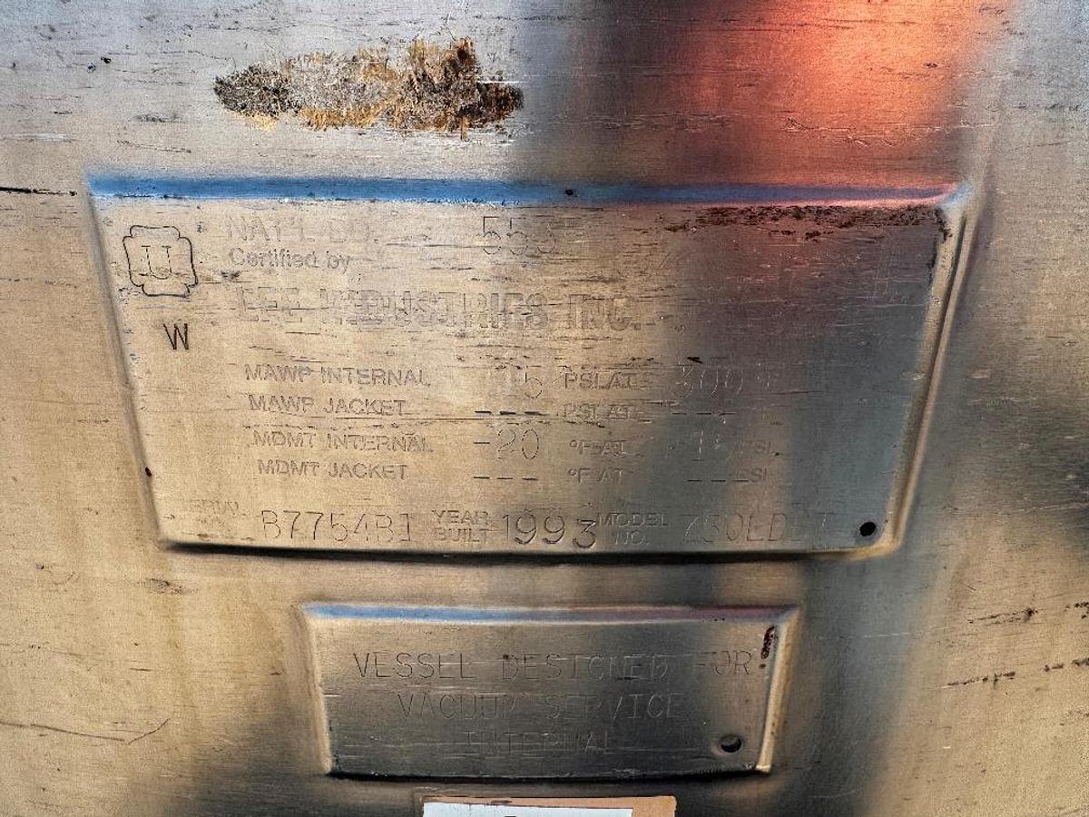 Used Tank, 198 Gallon (750-Liter), 316 Stainless Steel, 15 PSI, FV, Lee Industries, #5991497