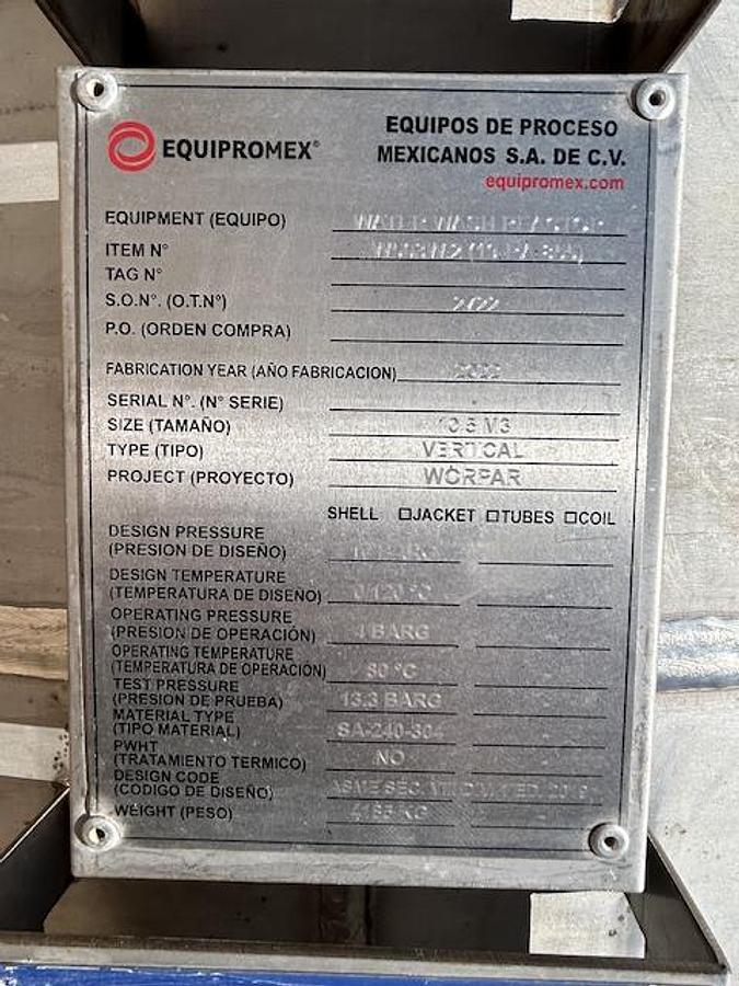 Used Tank, 2,775 Gallon, 304 Stainless Steel, Vertical, Equipromex, Waste Water Reactor, Agitated, 145 PSI, 2022, Unused, #5991579