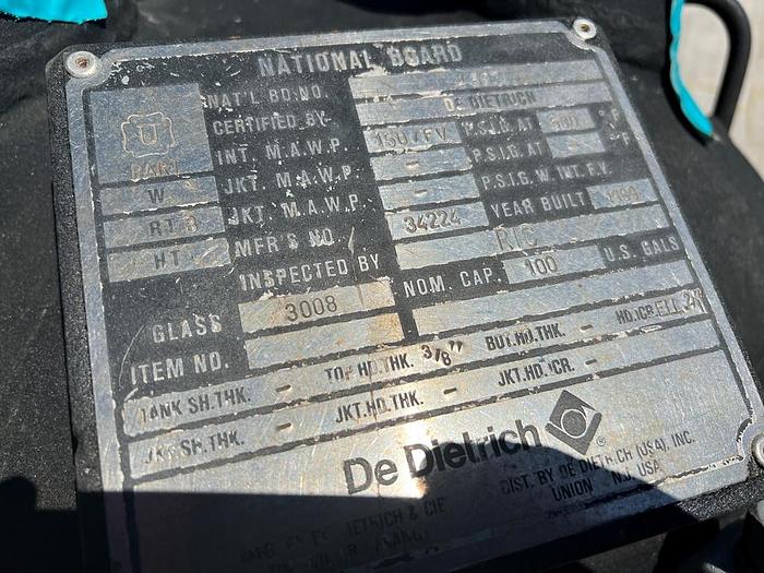 Used Reactor, 100 Gallon, Glass Lined, De Dietrich, 150 PSI, Jacketed, Agitated #S744732