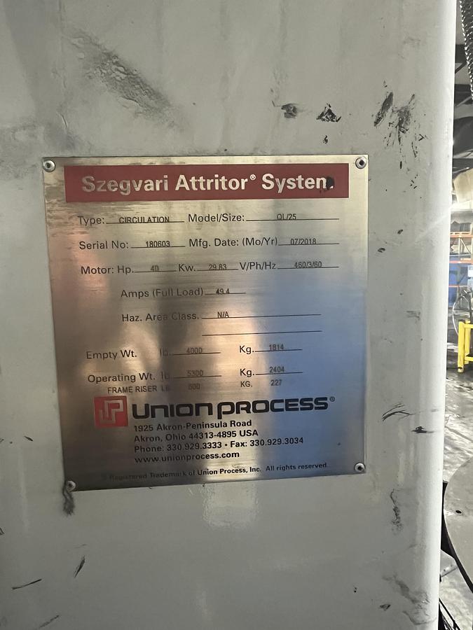 Used Mill, Grinding, Szegvari Attritor Grinding Mil, Union Process QL-25, Recirculation Tank, #