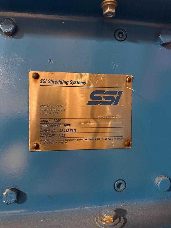 Used Shredder, 10 HP, SSI Shredding Systems Model 500E, Hopper Fed, #5991708