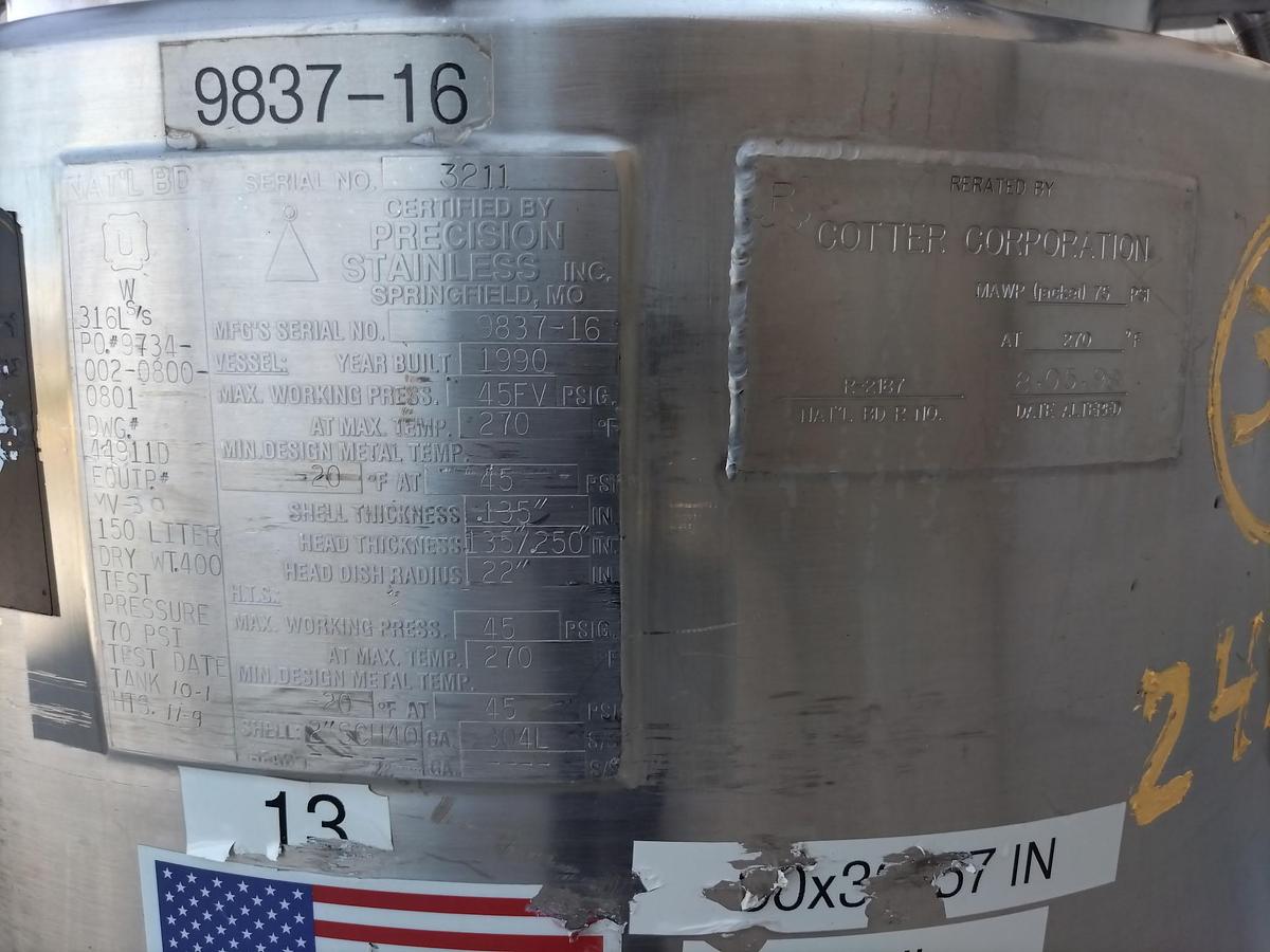 Used Tank, 39 Gallon (150 Liter), 316 Stainless Steel, Jacketed, Agitated, 45 PSI, Precision Stainless, #5991487