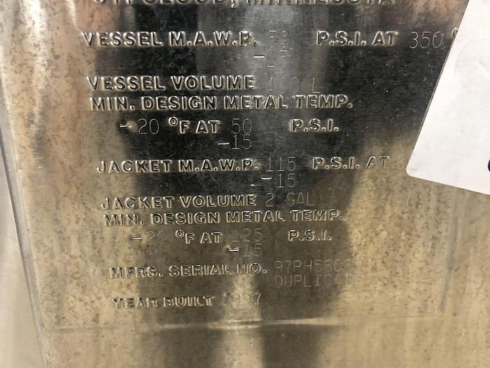 Used Reactor, 106 Gallon (400 Liter), Stainless Steel, Jacketed, 50 PSI Internal - #S745276