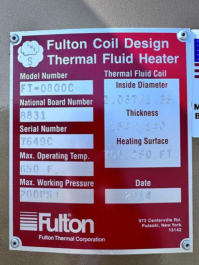 Used Boiler, Hot Oil Heater, 8 MM BTU per Hour, Fulton, Model FT-0800C, #5990963