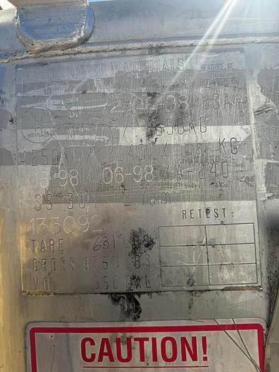 Used Tank, 550 Gallon, 316 Stainless Steel, Tote, #5991028