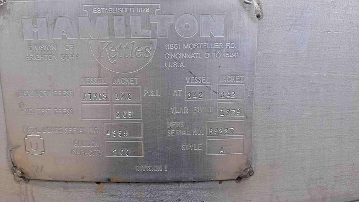 Used Kettle, 200 Gallon, S/St, Jkt, Agit, Hamilton #S745043