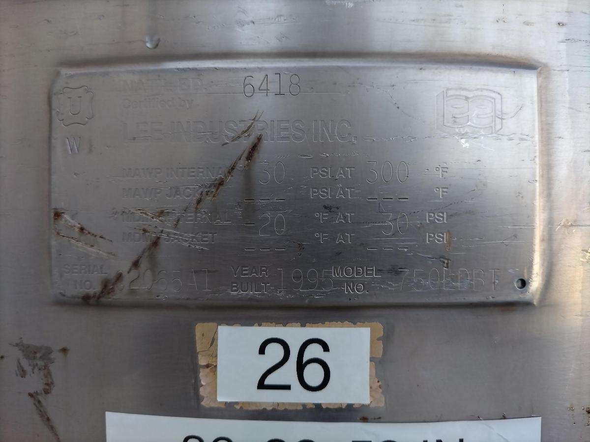 Used Tank, 198 Gallon (750-Liter), 316 Stainless Steel, 30 PSI, Internal Coil, Lee Industries, #5991485