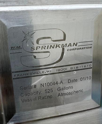 Used Tank, 525 Gallon, S/St, Sprinkman, Dish Top, Cone Bottom #S744972