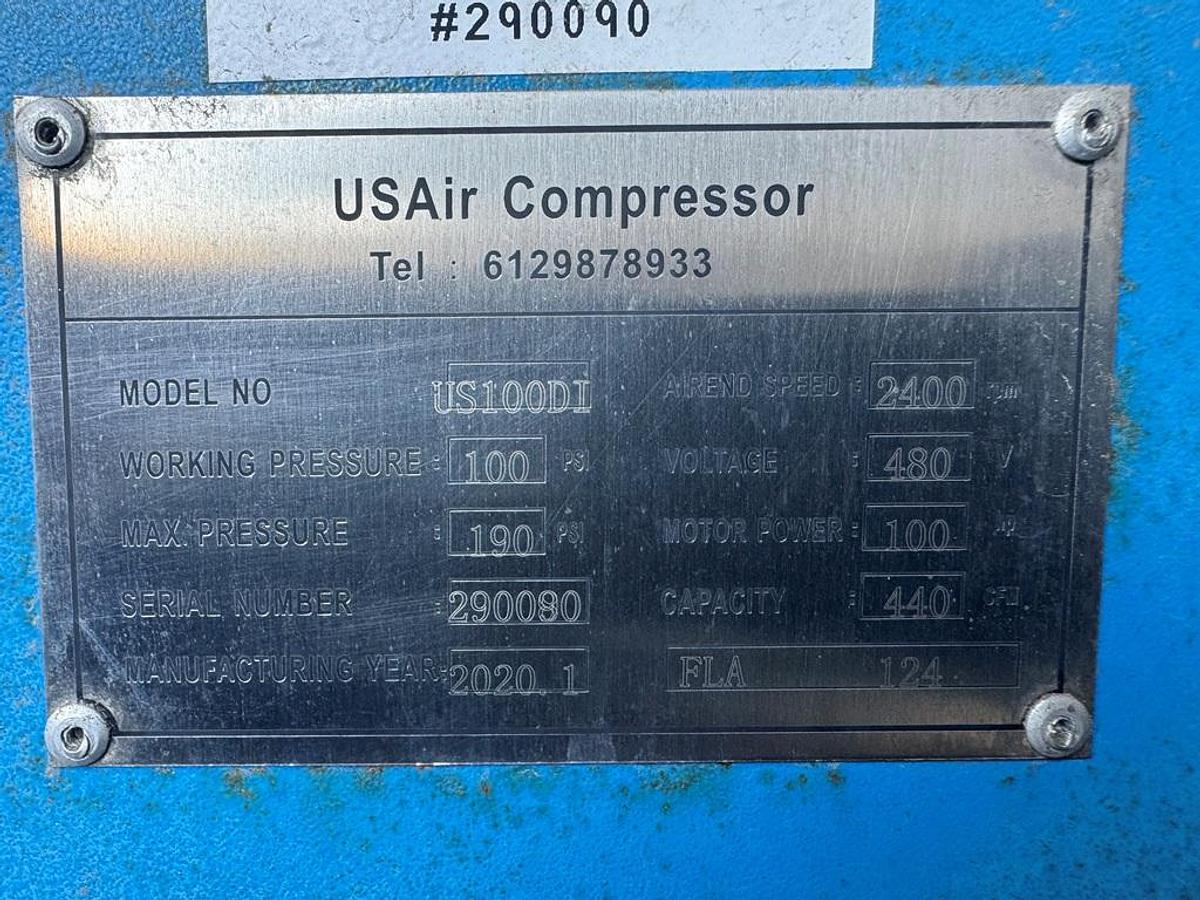 Used Compressor, Air, 100 HP, 440 CFM, 100 PSI, US Air Compressor, Screw, #5991331