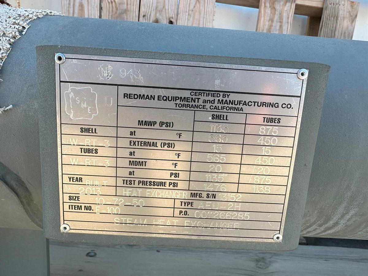Used Heat Exchanger, Shell & Tube, 200 SF, Redman AEU-2H, 10-72-50, 1135 PSI, Unused, #5991435