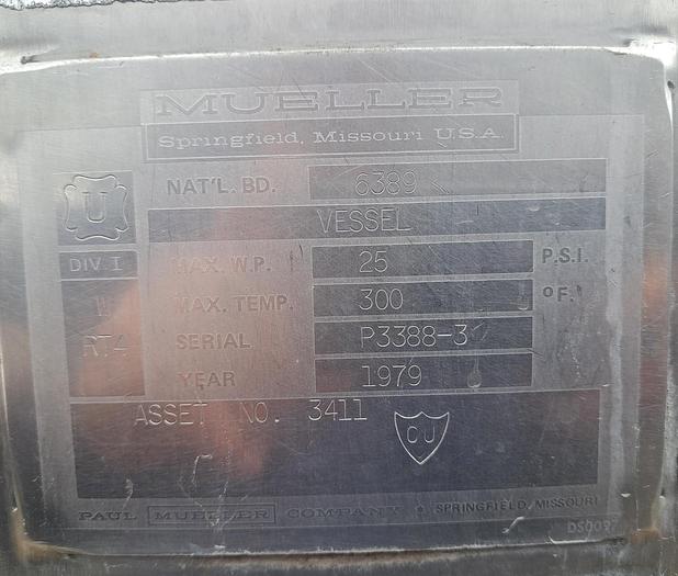Used Tank, 1,600 Gallon, S/st, Agit, Jkt, Mueller #S745166