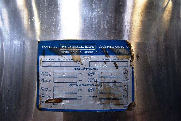 Used Tank, 100 Gallon, 316 Stainless Steel, Agitated, Pressure Vessel, Mueller #5991056