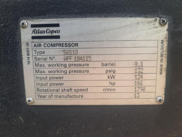 Used Compressor, Air, 166 HP, Atlas Copco, 132 PSI, Type GA110, #5991052