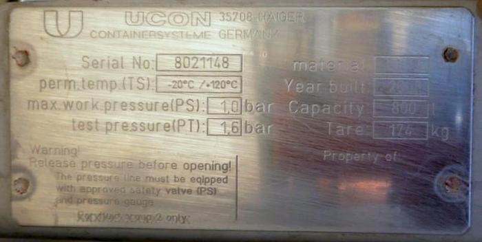 Used Tank, 211 Gallon, S/st, Ucon, 42" X 36", Jkt, DT/DB, E  #S744859