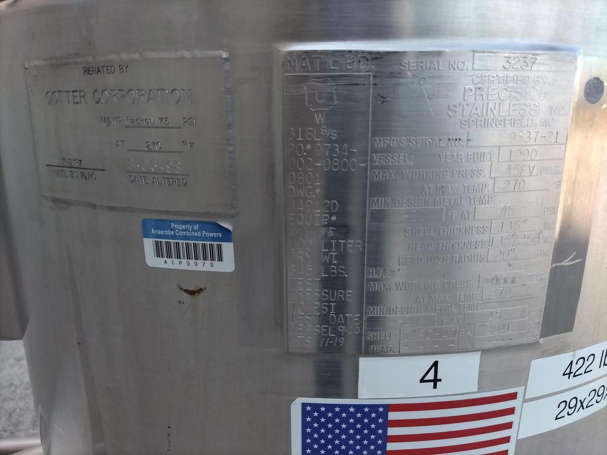 Used Tank, 26 Gallon (100 Liter), 316L Stainless Steel, Jacketed, 45 PSI, FV, #5991492
