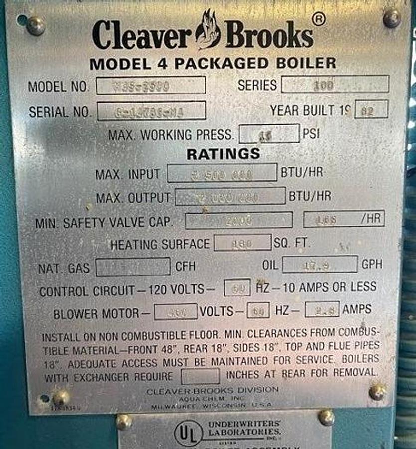Used Boiler, Hot Oil, 2.5M BTU/hr, 60HP, Cleaver-Brooks Model M4S-2500, #5991996