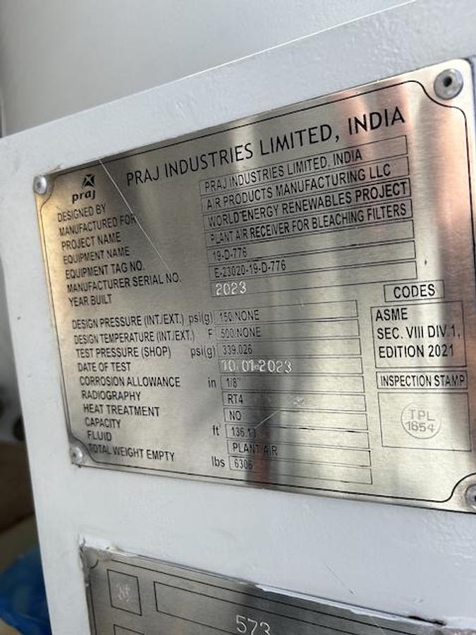 Used Tank, 1017 Gallon, Carbon Steel, Vertical, Praj, 158 PSI, 2023, Unused, #5991577