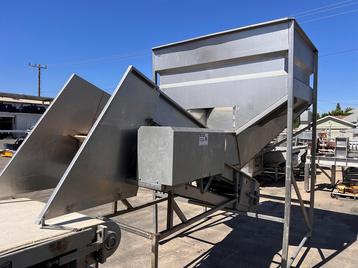Used Hopper, Stainless Steel, Incline Metering Belt, 56”W x 72”L x 80”H, Sound Ocean Metal Fabricators, #5991524