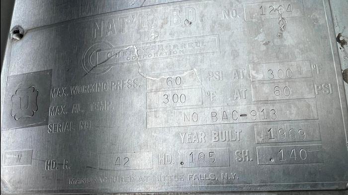 Used Tank, 350 Gallon, S/st, 60 PSI, Cherry Burrell #S744985