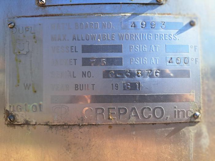 Used Tank, 500 Gallon, Stainless Steel, Jacket, Agitated, Crepaco #5991236