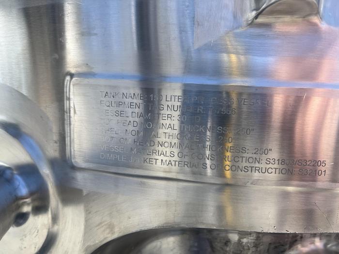 Used Reactor, 40 Gallon (150 Liters), 316L Stainless Steel, Jacketed, 45 PSI Internal, Agitated #S745436