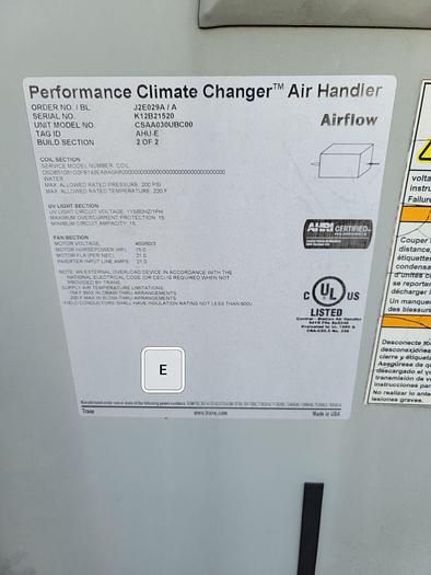 Used Air Handler, Trane, Model CSAA030UBC00, 200 PSI, 15 HP Fan - #