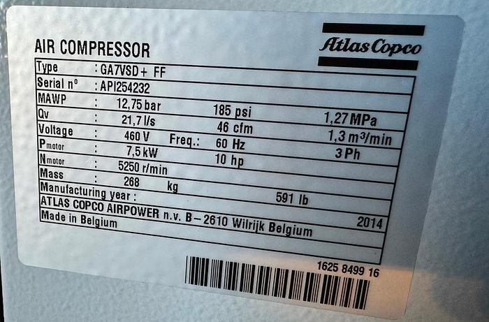 Used Compressor, 10 HP, Atlas Copco, Type GA7VSF+ FF, 46 CFM #S745372