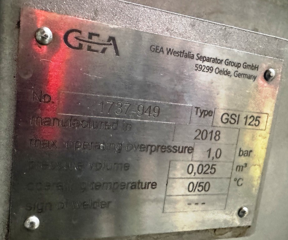 Used Centrifuge, GEA, Model GSI 125-06-772, Disc Stack Clarifier, Stainless Steel, #5991626