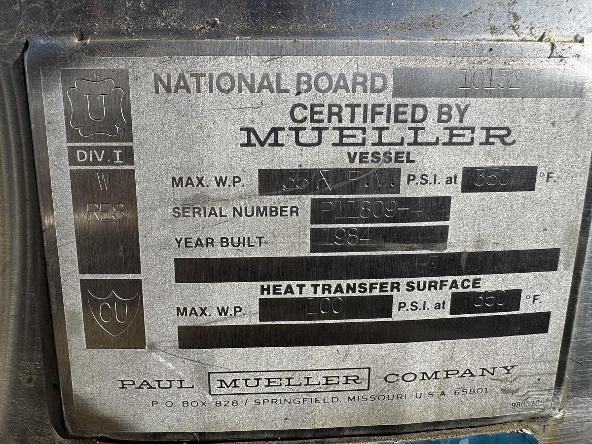 Used Tank, 264 Gallon (1,000 Liter), Mueller, Jacketed, Stainless, 35 PSI / Full Vacuum, #5991457