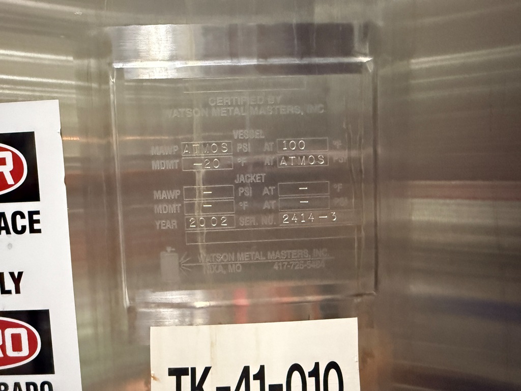 Used Tank, 10,000 Gallon, Watson Metal Masters, Agitated, Stainless Steel, Insulated, Qty 3, #5991624