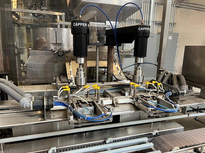 Used Filamatic 2-Head Cubitainer Filler and Capper with Conveyor