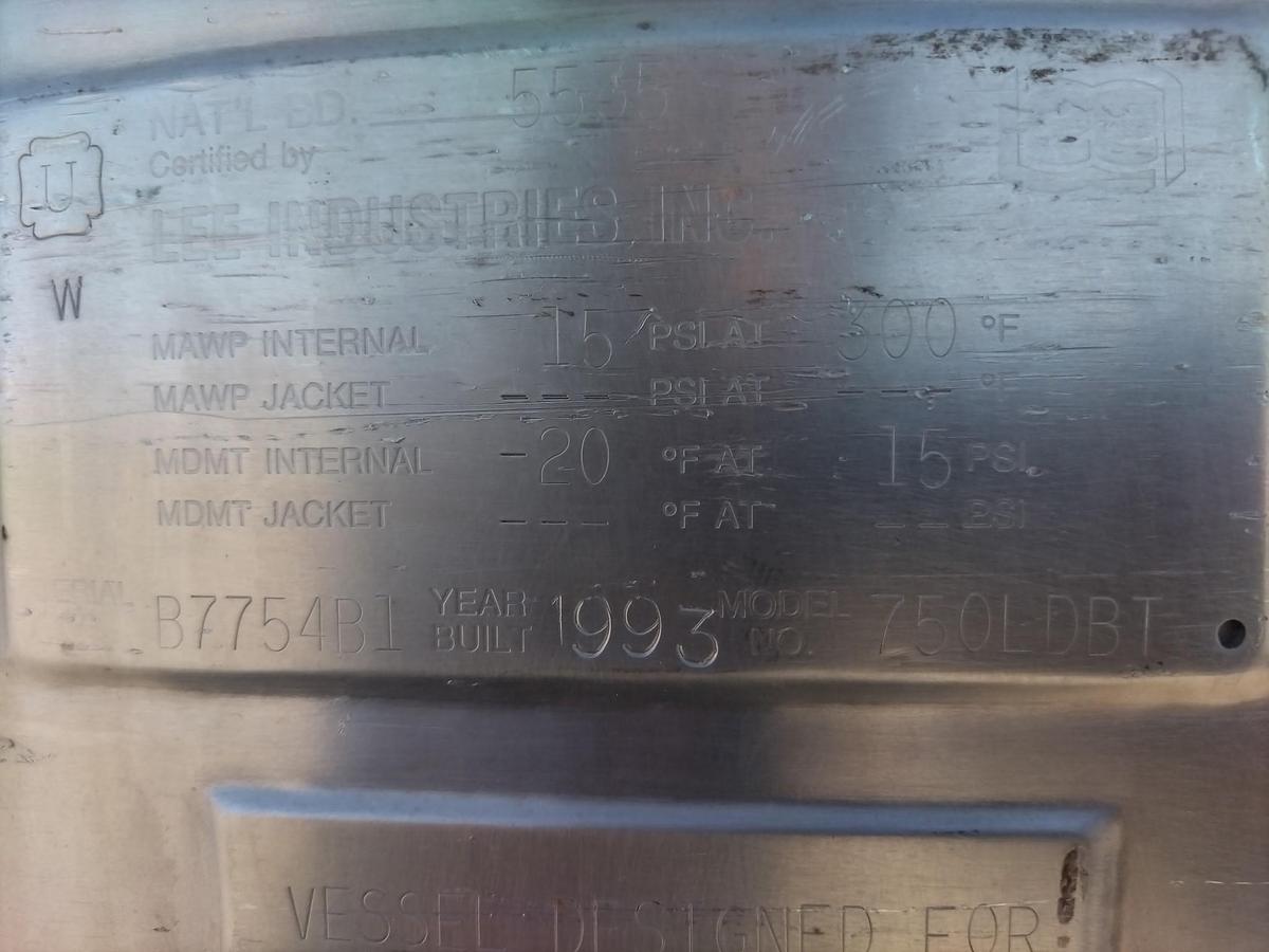 Used Tank, 198 Gallon (750-Liter), 316 Stainless Steel, 15 PSI, FV, Lee Industries, #5991497