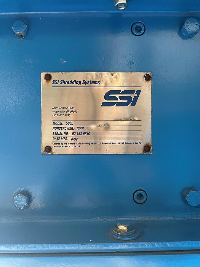 Used Shredder, 10 HP, SSI Shredding Systems Model 500E, Hopper Fed, #5991708