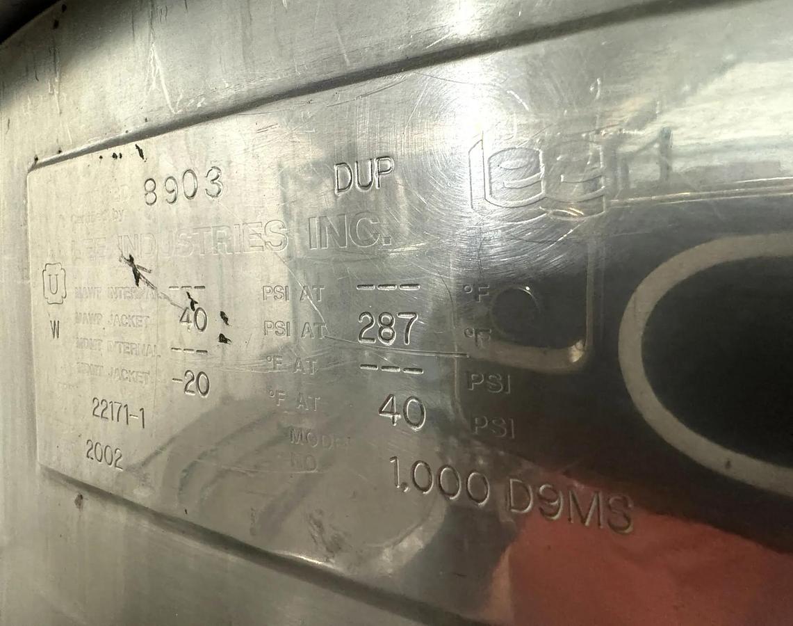 Used Kettle, 1,000 Gallon, Stainless Steel, Double Motion, Jacketed, Lee, 150 PSI, #5991834