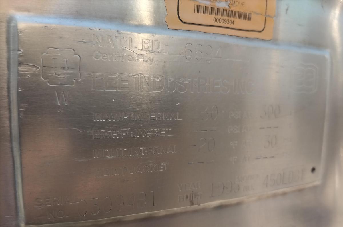Used Tank, 118 Gallon (450 Liter), 316 Stainless Steel, Pressure Rated, Lee Industries. #5991483