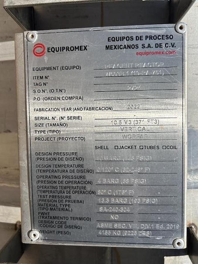 Used Tank, 2,775 Gallon, 304 Stainless Steel, Vertical, Equipromex, 145 PSI, Agitated, 2022, Unused, #5991578