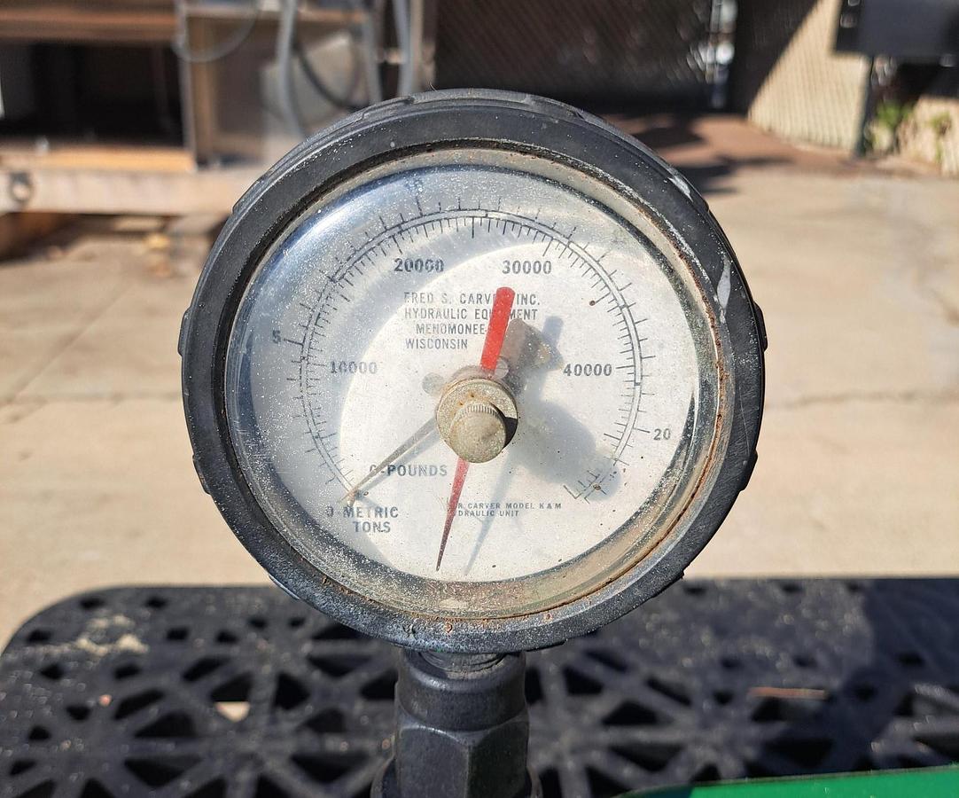 Used Press, Hydraulic, Carver Model M Laboratory Press, 25 Ton Manual , 9" x 9" Platen, Adjustable 0.75"–16" Opening, #5991648