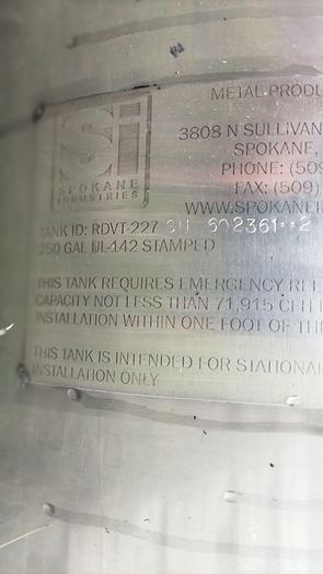 Used Tank, 300 Gallon, 316L Stainless Steel, UL 142, 2' x 11', #S743625